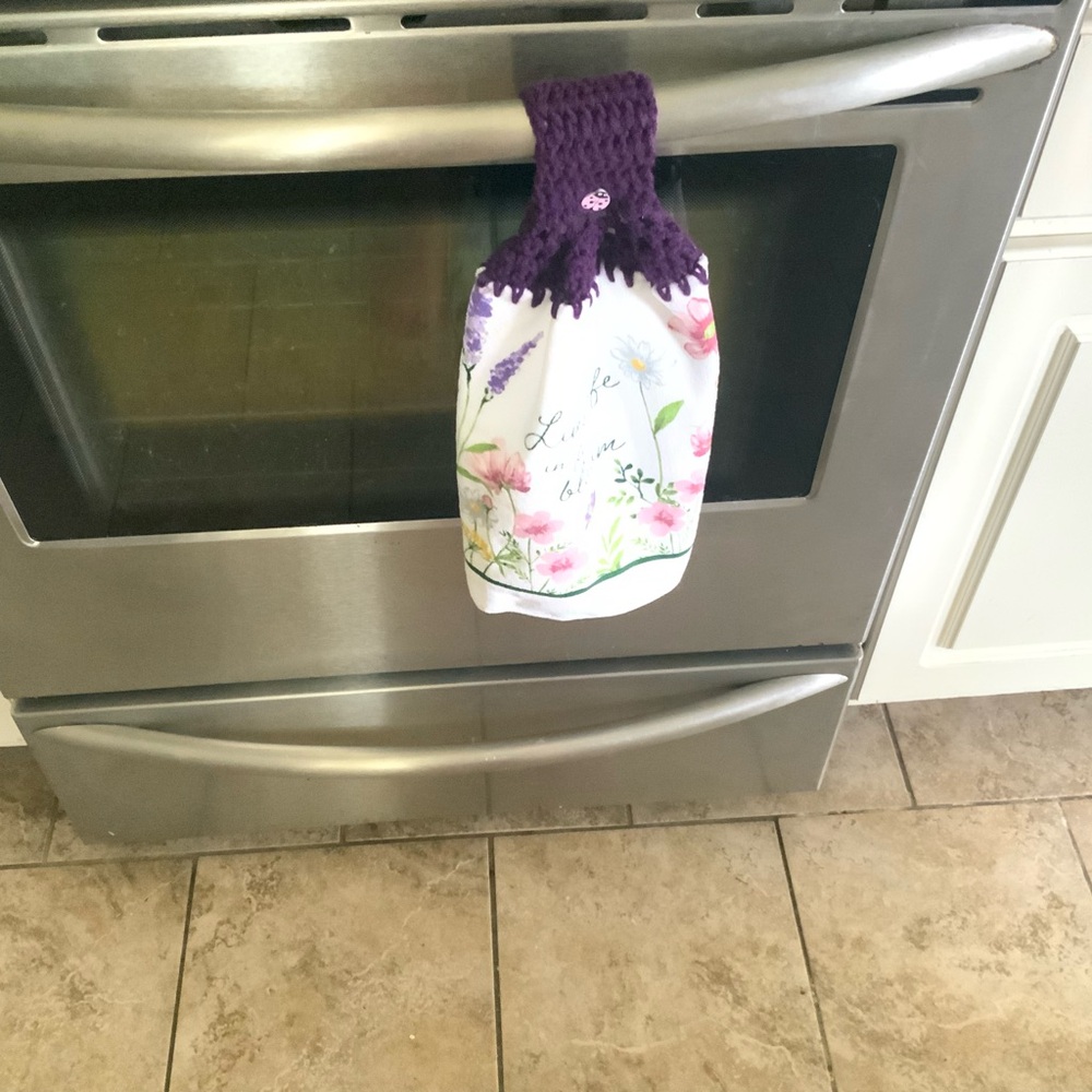Floral Kitchen Towel with Purple Crochet Top